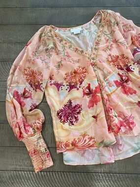 Camilla - Floral Pink Sheer V-Neck Women's Blouse Size M 100% Silk